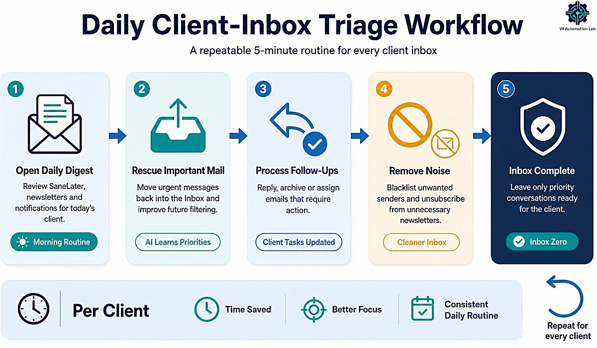 Daily SaneBox inbox triage workflow for virtual assistants managing client email with AI-powered organization