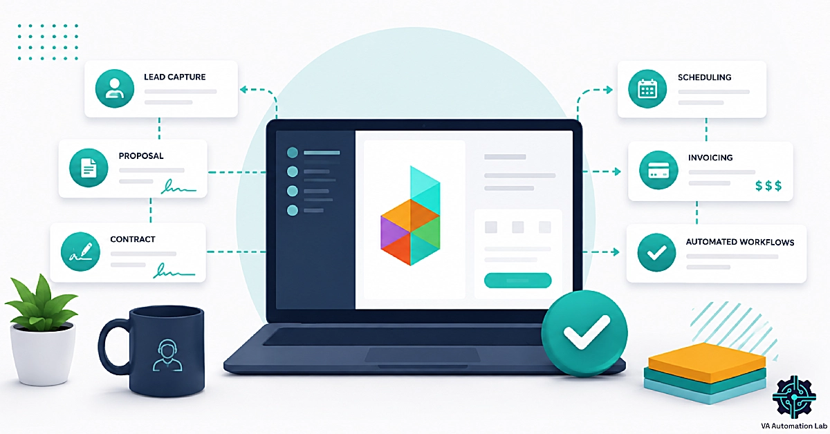 Dubsado for virtual assistants dashboard illustrating client management, proposals, invoices, scheduling, and workflows