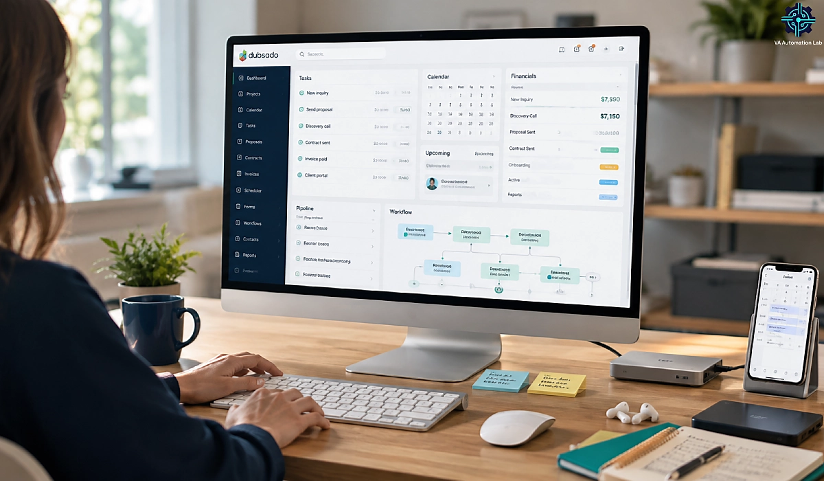 Dubsado for virtual assistants workspace with dashboard, client pipeline, contracts, invoices, and scheduling