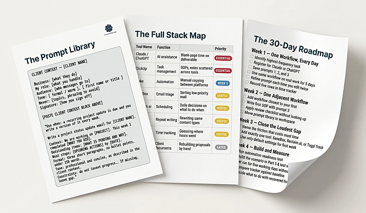 Interior pages of the AI Starter Toolkit showing prompts, the tool stack map, and the 30-day roadmap