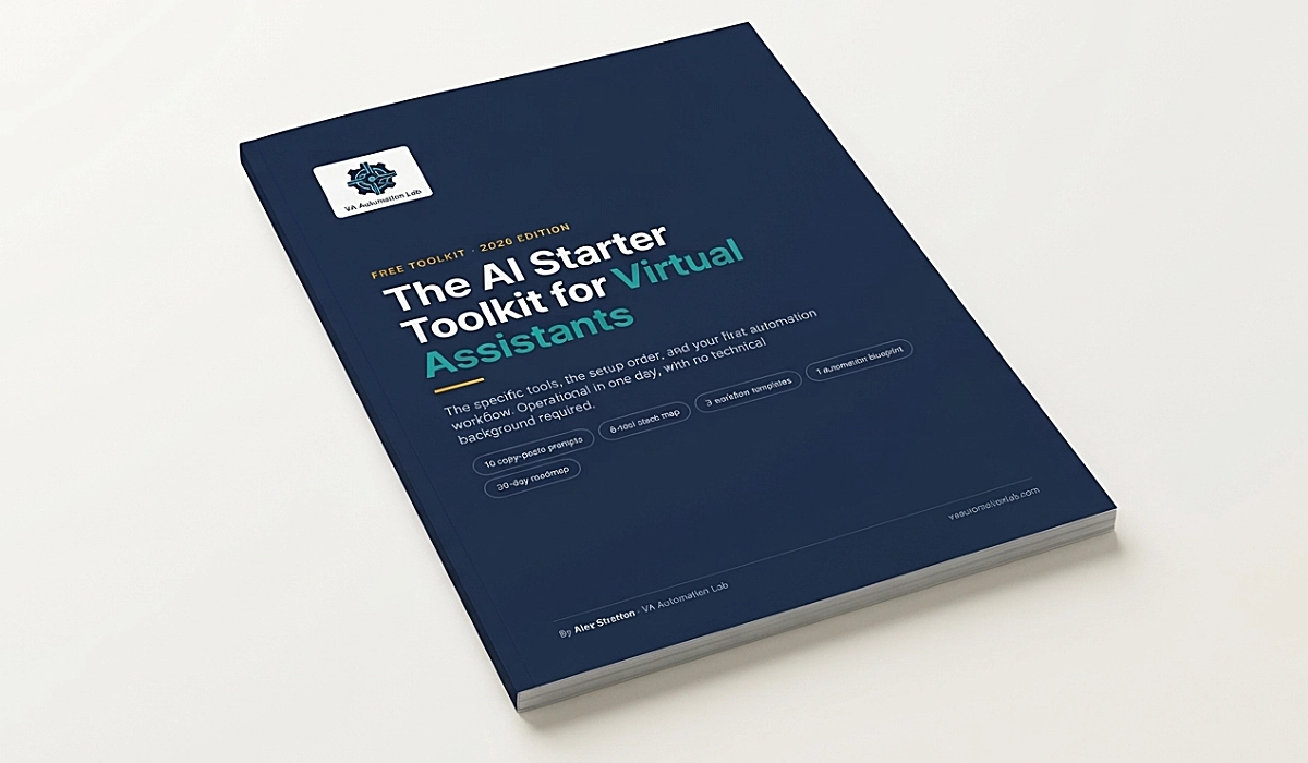 Free AI Starter Toolkit for Virtual Assistants PDF cover with the tool stack and workflow guide inside